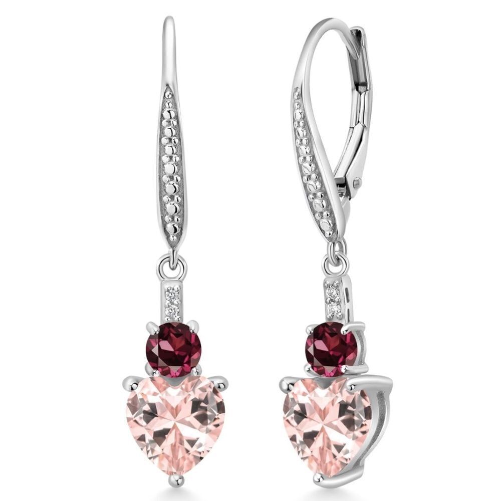925 Sterling Silver with 3.27 Cttw Peach Morganite and Garnet Heart Earrings